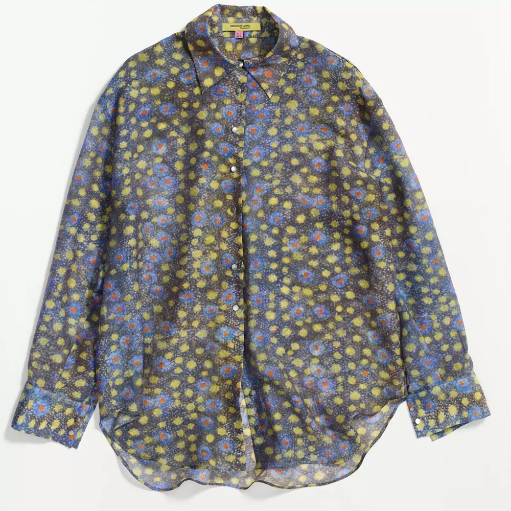 Printed Button-Up Semi-Transparent Blouse